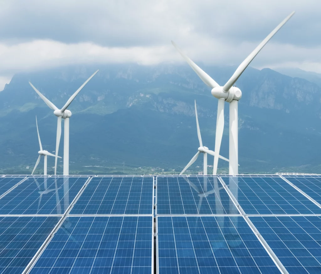 renewable energy from solar panels and wind farms